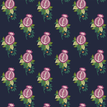 Dark Navy Folk Pomegranate Botanical Motif