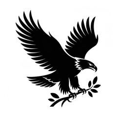 Obraz premium Eagle silhouette with branch and leaves black vector illustration on white