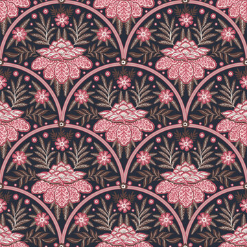 Dark Pink Ogee Floral Damask Motif