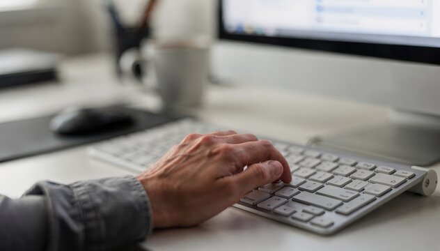 Focused view of a worker selecting categories from a dropdown menu with the computer keyboard and surrounding area out of focus.