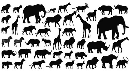 Naklejka premium Black silhouettes of African safari animals set, wild wildlife group collection including elephant lion giraffe rhino and zebra, isolated white.