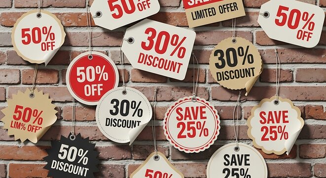 A brick wall with scattered discount and sale tags