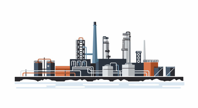 A sprawling industrial complex with towers, pipes, and storage tanks