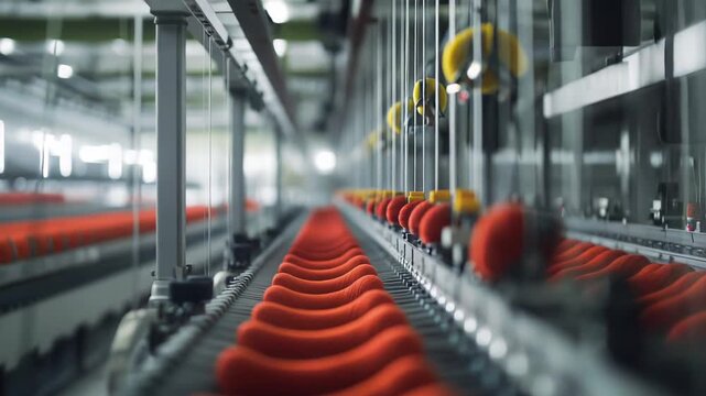 Automated manufacturing machinery operating in a modern textile factory, efficiently producing numerous spools of vibrant orange and yellow yarn, symbolizing industry, technology, and production