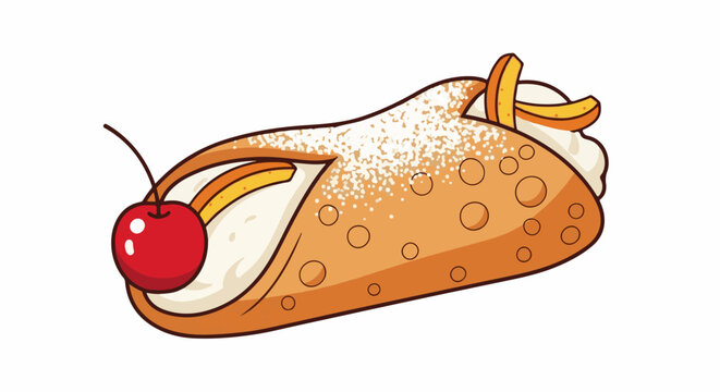 A single cannoli with cream filling, dusted with powdered sugar, and garnished with a cherry