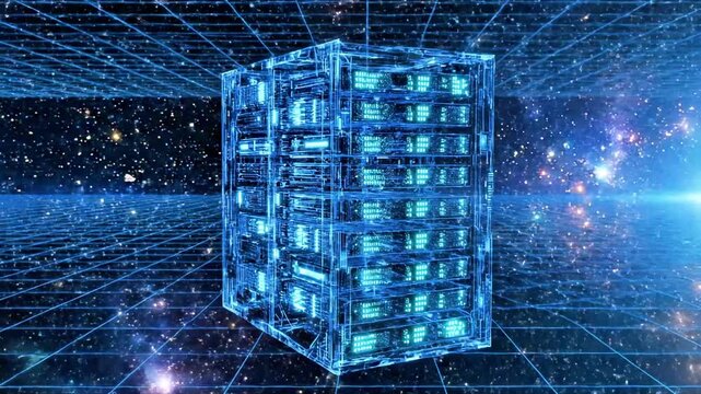 A futuristic blue crystal cube with glowing lines and sparks on a starry grid background