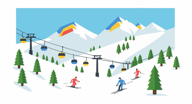 A ski resort scene with mountains, ski lifts, and skiers descending