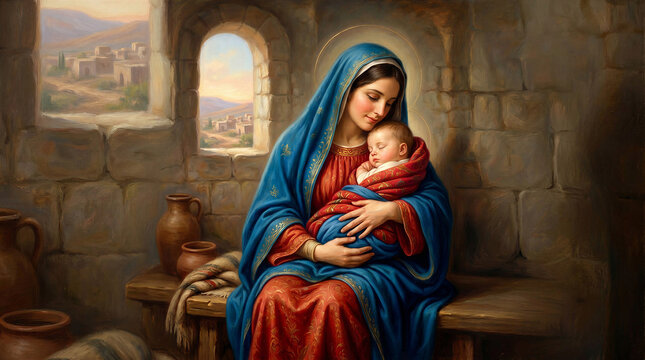 Mary holding baby Jesus in rustic setting with stone walls  