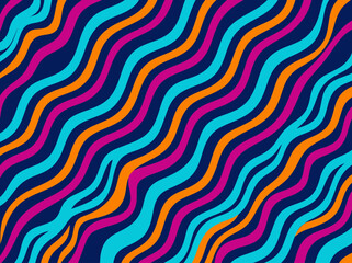 Obraz premium Vibrant Abstract Wavy Pattern Background with Neon Pink Orange and Cyan Stripes on Dark Blue. Retro Psychedelic Geometric Design for Modern Web Graphics Creative Textures and Artistic Wallpapers.
