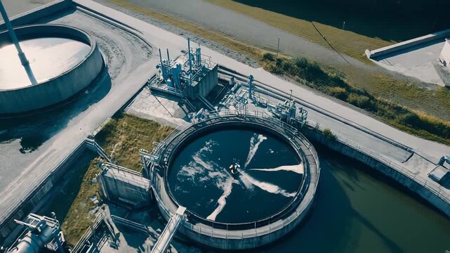 Overhead view of industrial wastewater treatment plant with circular clarifiers and filtration tanks, showcasing sanitation infrastructure, pollution control and water recycling systems