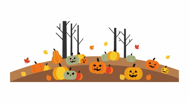 A playful Halloween scene with carved and uncarved pumpkins and bare trees