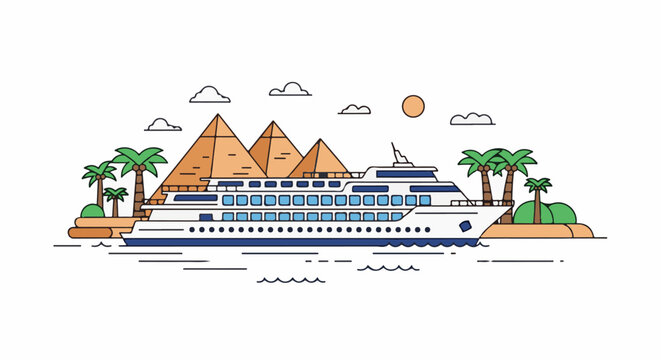 A stylized cruise ship sails near Egyptian pyramids and palm-fringed islands