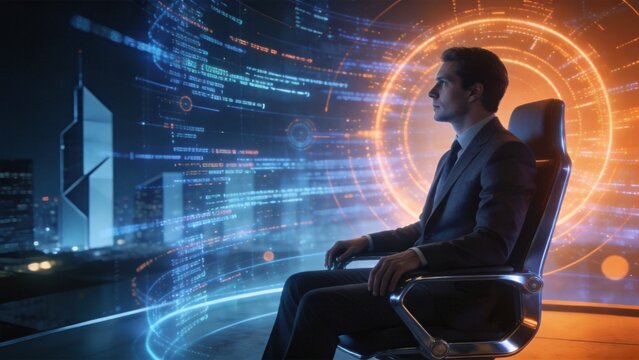 Man in suit seated with digital cityscape