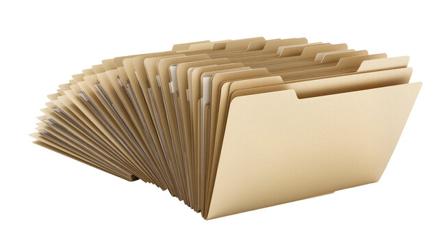 Isolated perspective view of a large fan of manila office file folders for documents