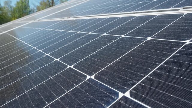 High efficiency bifacial solar panels with blue silicon cells at industrial power station. Photovoltaic modules generate renewable electricity for green energy production system.