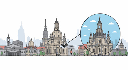 Fototapeta premium A stylized, flat illustration of a European city skyline with a magnified view of a prominent church