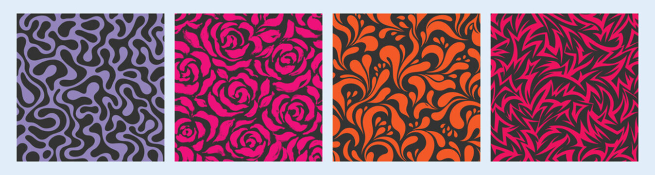 Collection of four seamless vector patterns featuring abstract floral, rose, and organic wavy designs in purple, pink, and orange color palettes.
