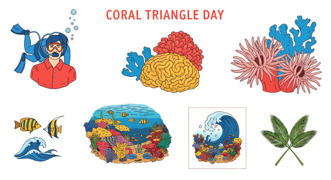 A collection of Coral Triangle Day themed illustrations featuring a diver coral fish and ocean landscapes
