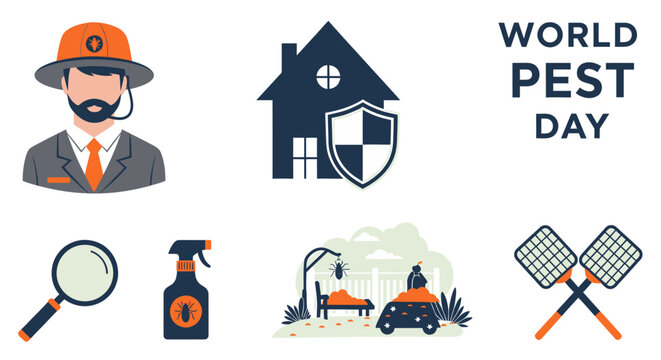 A collection of World Pest Day icons featuring a professional a shielded house a magnifying glass and tools