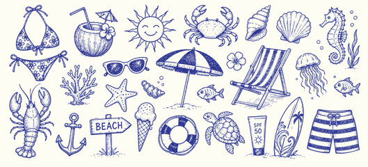Set of hand drawn summer beach elements and sea life icons © injala