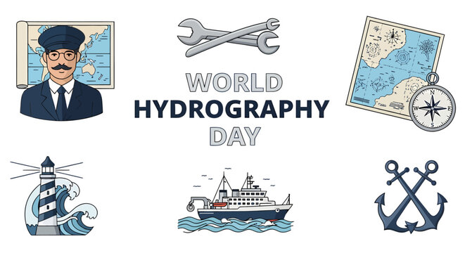 Infographic celebrating World Hydrography Day featuring nautical icons a captain a ship and navigation tools