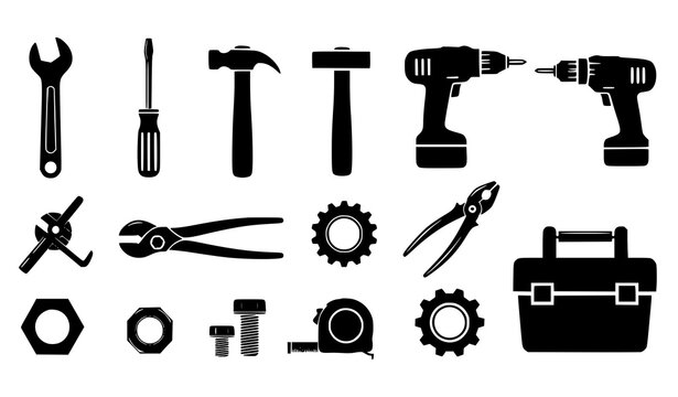Black mechanic tools icon vector set with repair maintenance workshop and engineering symbols