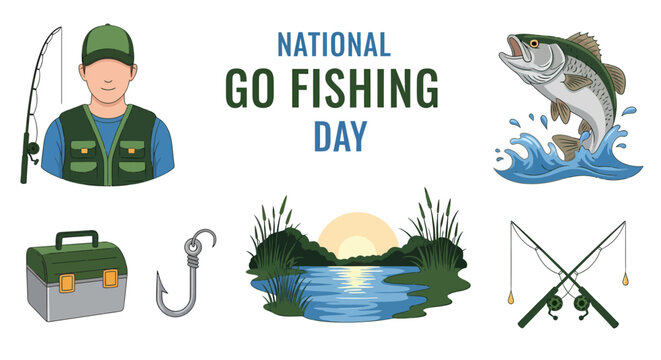 National Go Fishing Day illustration set with a fisherman jumping fish lake landscape and fishing gear