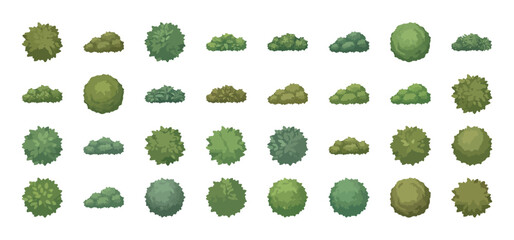 Fototapeta premium Green garden bush vector set, 32 flat shrub icons for landscape design, organic hedge and plant collection, nature vegetation elements for map making