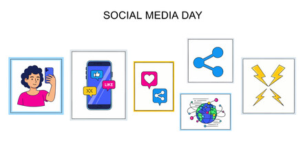 Fototapeta premium Social Media Day banner with icons of a selfie a smartphone share symbols a network globe and lightning bolts