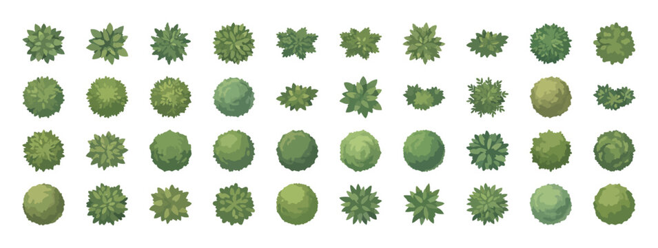 Top view tree symbols for landscape design, set of 40 green plant icons for architectural site plans, flat vector garden vegetation map elements