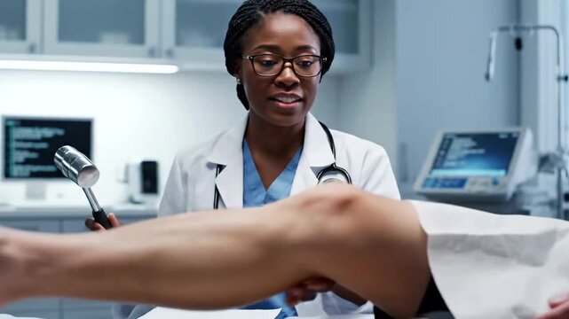 Doctor examining a patient's knee in a medical setting.