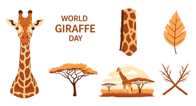 World Giraffe Day graphic featuring a giraffe head a patterned neck an acacia tree a landscape and leaf icons