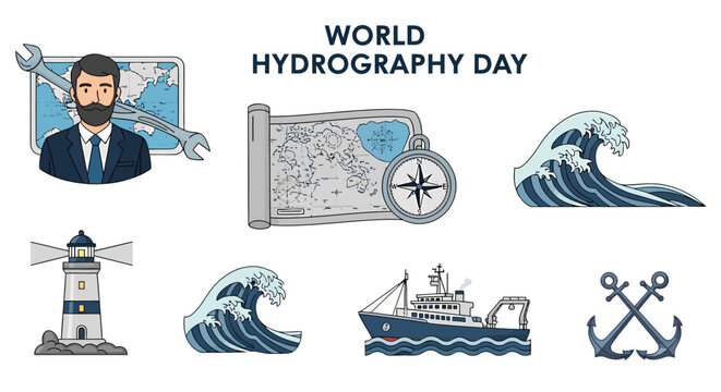 World Hydrography Day illustration set featuring a map compass lighthouse ship anchors and stylized ocean waves