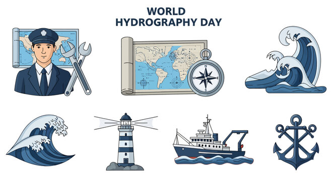 World Hydrography Day illustration with a sailor nautical maps compass lighthouse ship anchor and ocean waves
