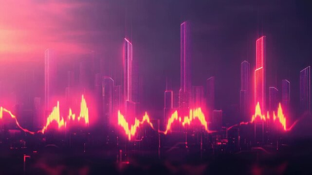 A cityscape rendered in neon pink, highlighting financial data through a digital waveform