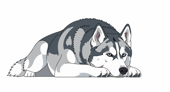 A stylized husky dog rests its head on its paws against a white background
