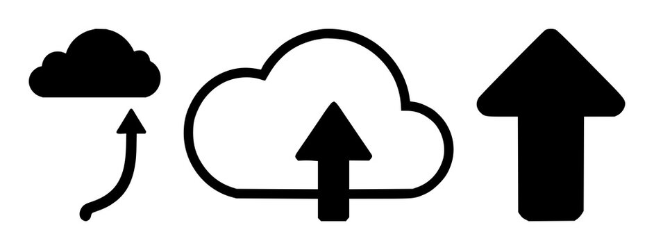 Cloud deployment icon set with upward arrow design featuring digital transfer, data upload, network infrastructure with internet connection and server management