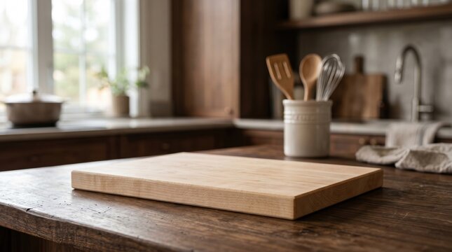 Empty wooden cutting board on rustic kitchen counter with cooking utensils in background, culinary preparation surface
