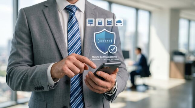 Businessman using smartphone with secure access granted, cybersecurity protocol activated, digital data protection shield icon, corporate network safety concept