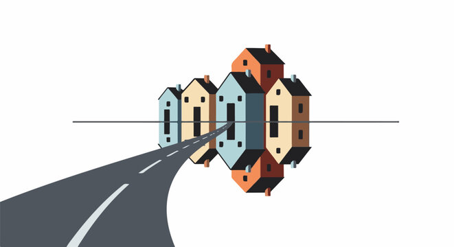 A road leads to a row of colorful houses, mirrored below a horizontal line