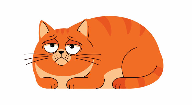 A round, cartoon-style orange tabby cat with a sad expression lies down