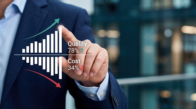 Businessman touching virtual screen showing quality increase and cost decrease, financial growth chart analysis, strategic management concept for corporate success and efficiency