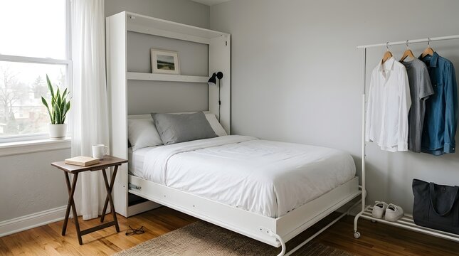 Modern minimalist bedroom interior with a white murphy bed and clothing rack