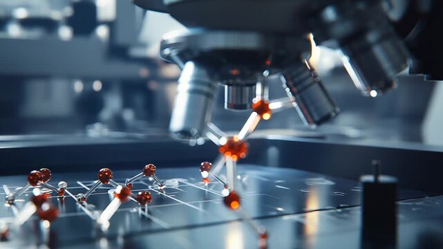 Laboratory microscope examining molecular structures, symbolizing advancements in biotechnology, chemistry, and drug development for medical and scientific research concepts
