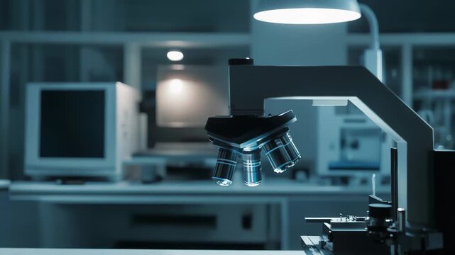 Laboratory microscope inspecting samples on a transparent panel in a sterile environment, highlighting precise biomedical research, diagnostics, and technological innovation in modern labs