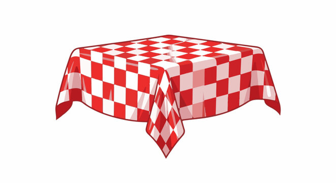 A red and white checkered tablecloth draped over a square table