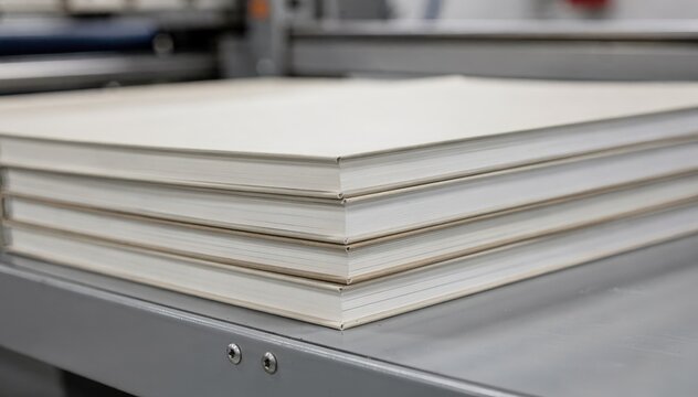Medium shot capturing textbook paperbacks collated and stacked neatly sharp focus on edge alignment while automated equipment in the background remains softly out of focus.
