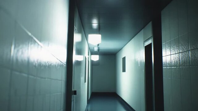 Dark, empty hospital corridor creating a sense of abandonment and mystery, with shiny wet floors and peeling paint on the walls under dim, flickering lights