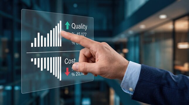 Hand touching transparent screen showing quality increase and cost decrease bar charts, financial analysis and business efficiency concept