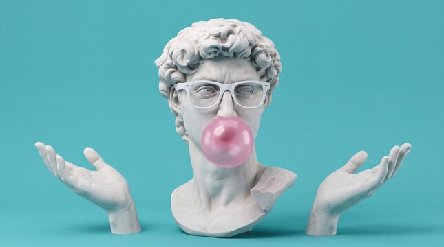 Modern pop art concept, classical marble statue bust wearing glasses blowing pink bubble gum, hands shrugging against blue background, creative humor, contemporary design, surreal